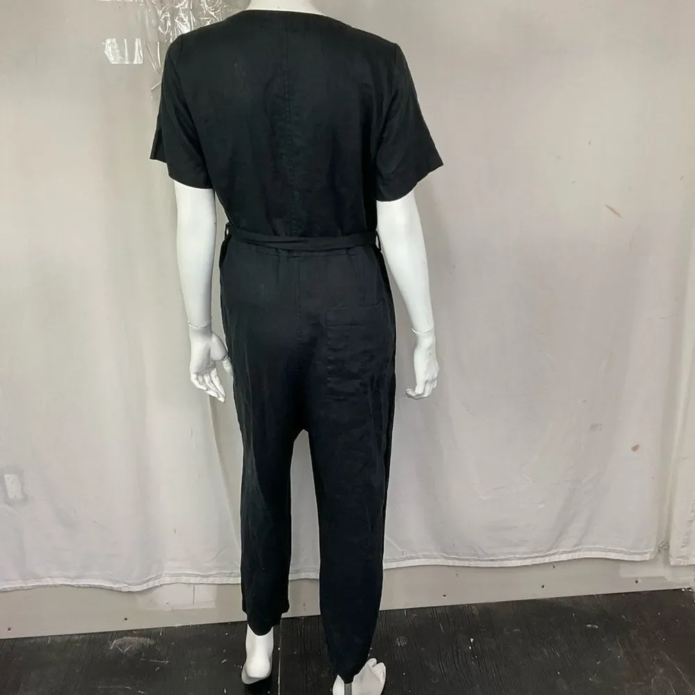 Everlane Women's Black Linen Short Sleeve Cropped Straight Leg Jumpsuit Size 6